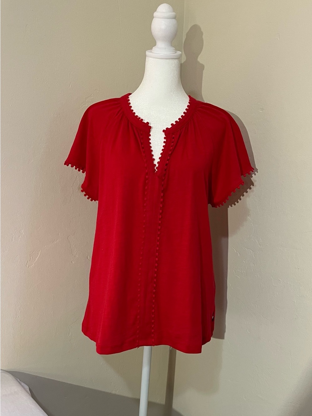 Tommy Hilfiger Red Pom-Trim Short Sleeve Blouse Like New M